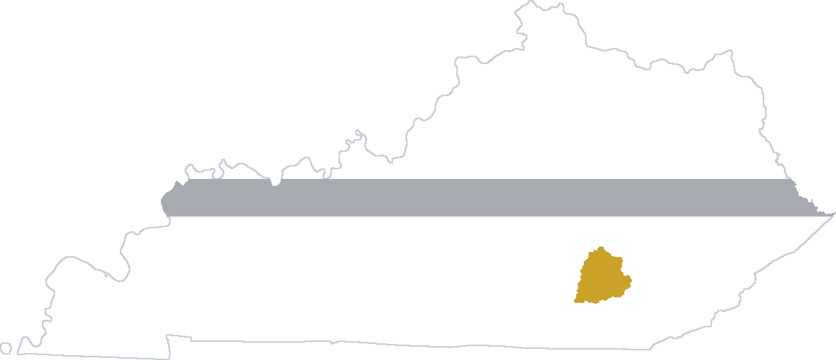 Outline of Kentucky with Laurel County highlighted and a thin gray line representing corrections